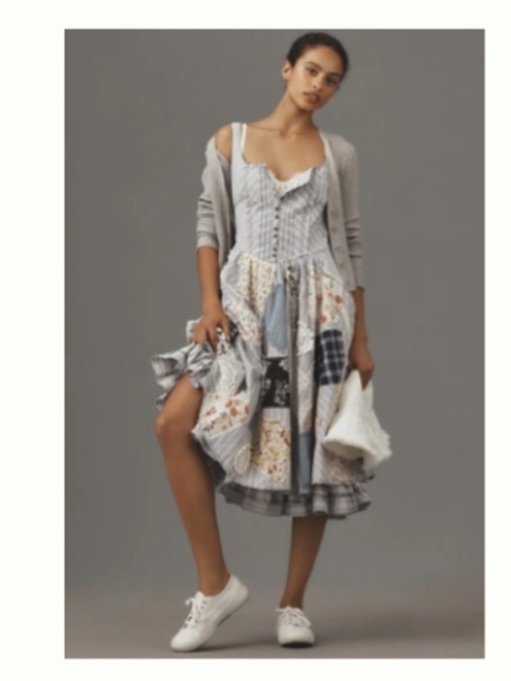 Pilcro Patchwork Midi Dress in Gray with Floral Accents